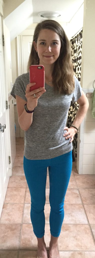 Stitch Fix Summer Outfit Bright Blue Jeans and Grey Top #AD