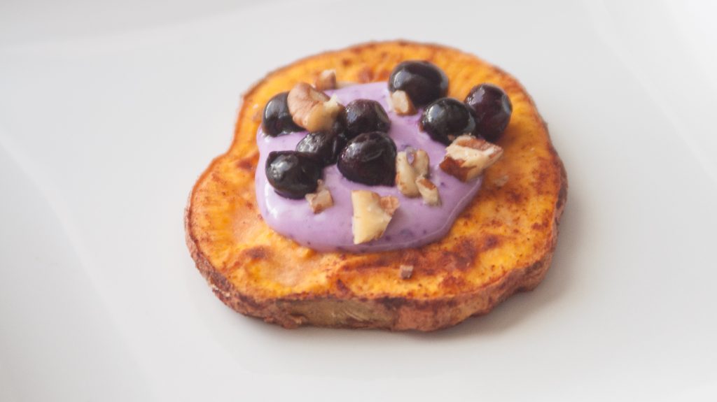 Maple Cinnamon Sweet Potato Coins with Wild Blueberry Goat Cheese