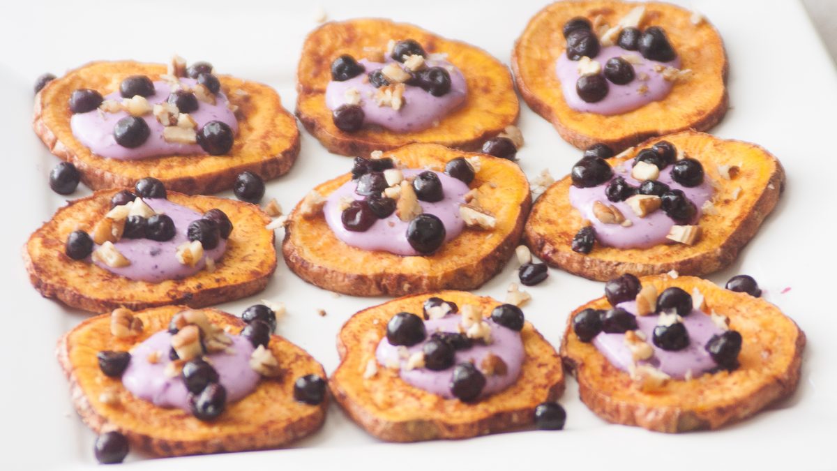 Maple Cinnamon Sweet Potato Coins with Wild Blueberry Goat Cheese