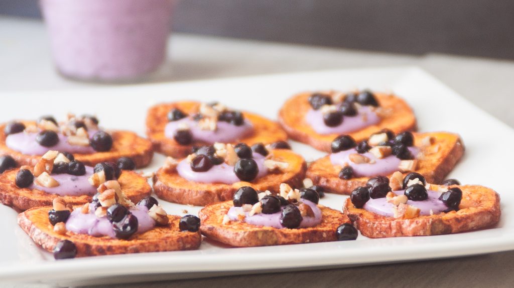 Maple Cinnamon Sweet Potato Coins with Wild Blueberry Goat Cheese