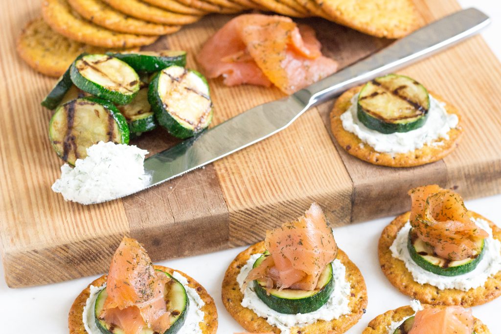 Smoked Salmon, Grilled Zucchini and Dill Goat Cheese Crackers